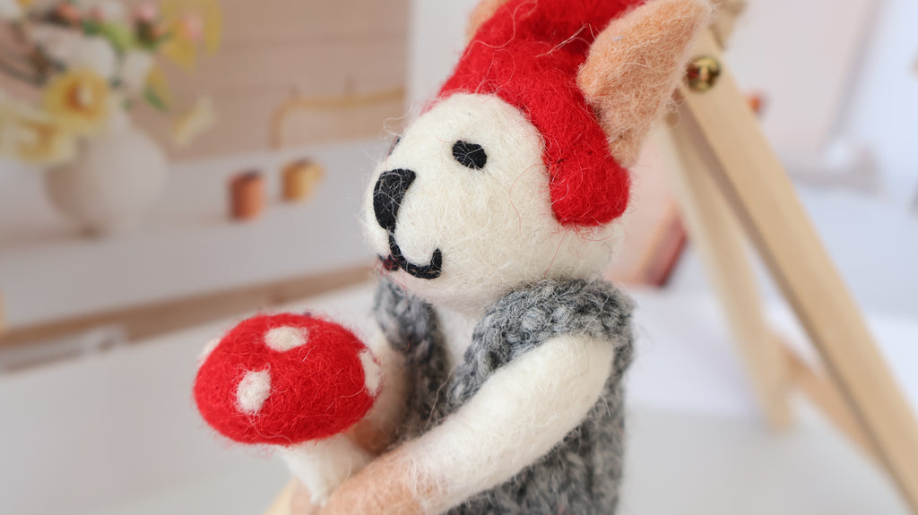 Wool Felt Bunny With Mushroom Ornament | Handmade Nepali Artisan Craft