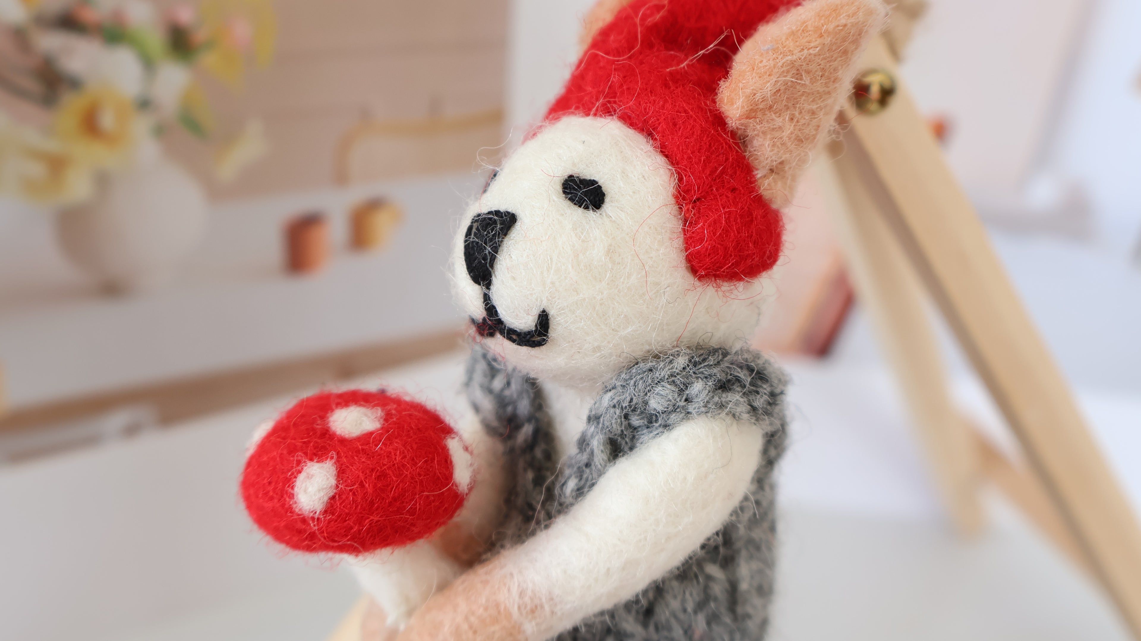 Wool Felt Bunny With Mushroom Ornament | Handmade Nepali Artisan Craft