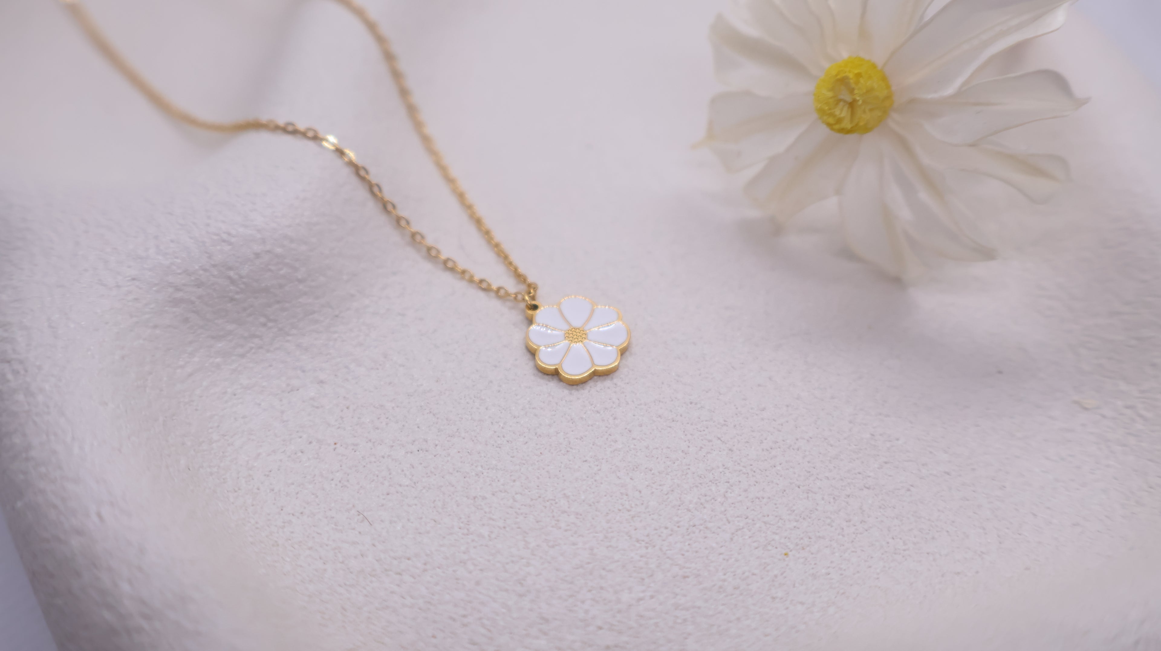 18K Gold Plated Stainless Steel Necklace - White Flower