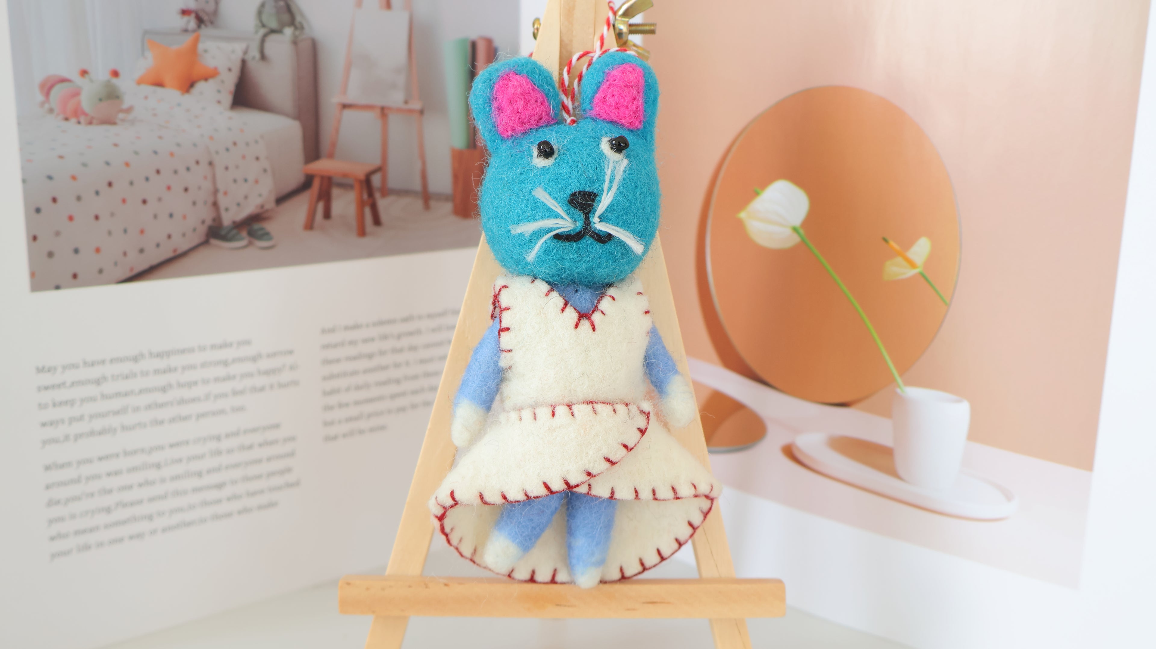 Wool Felt Blue Cat Ornament | Handmade Nepali Artisan Craft