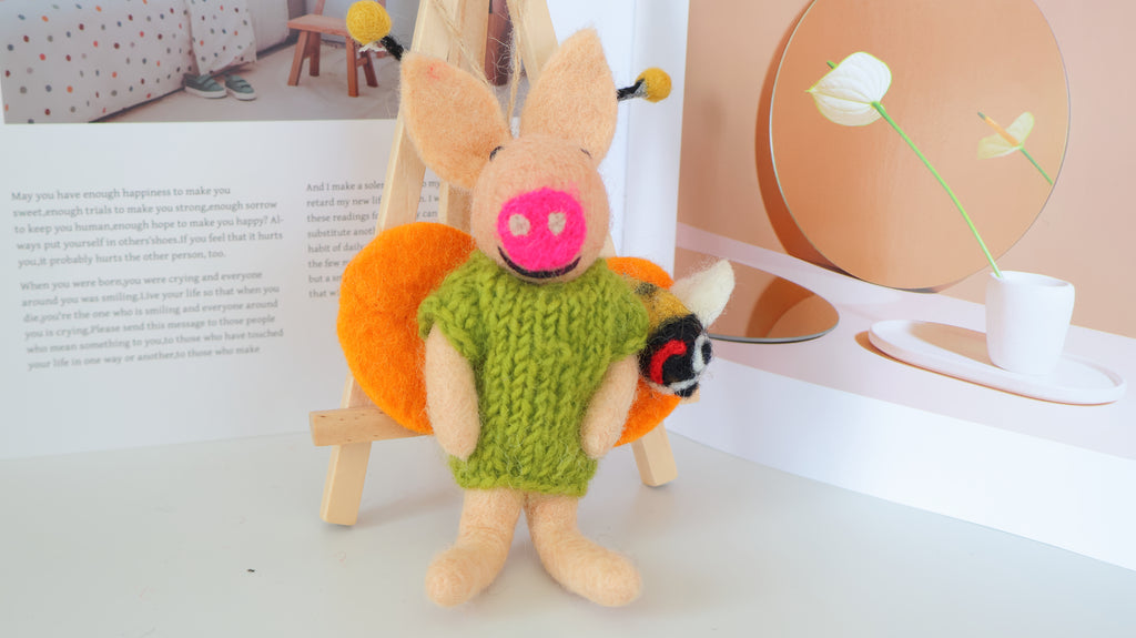 Wool Felt Fly Pig Ornament | Handmade Nepali Artisan Craft