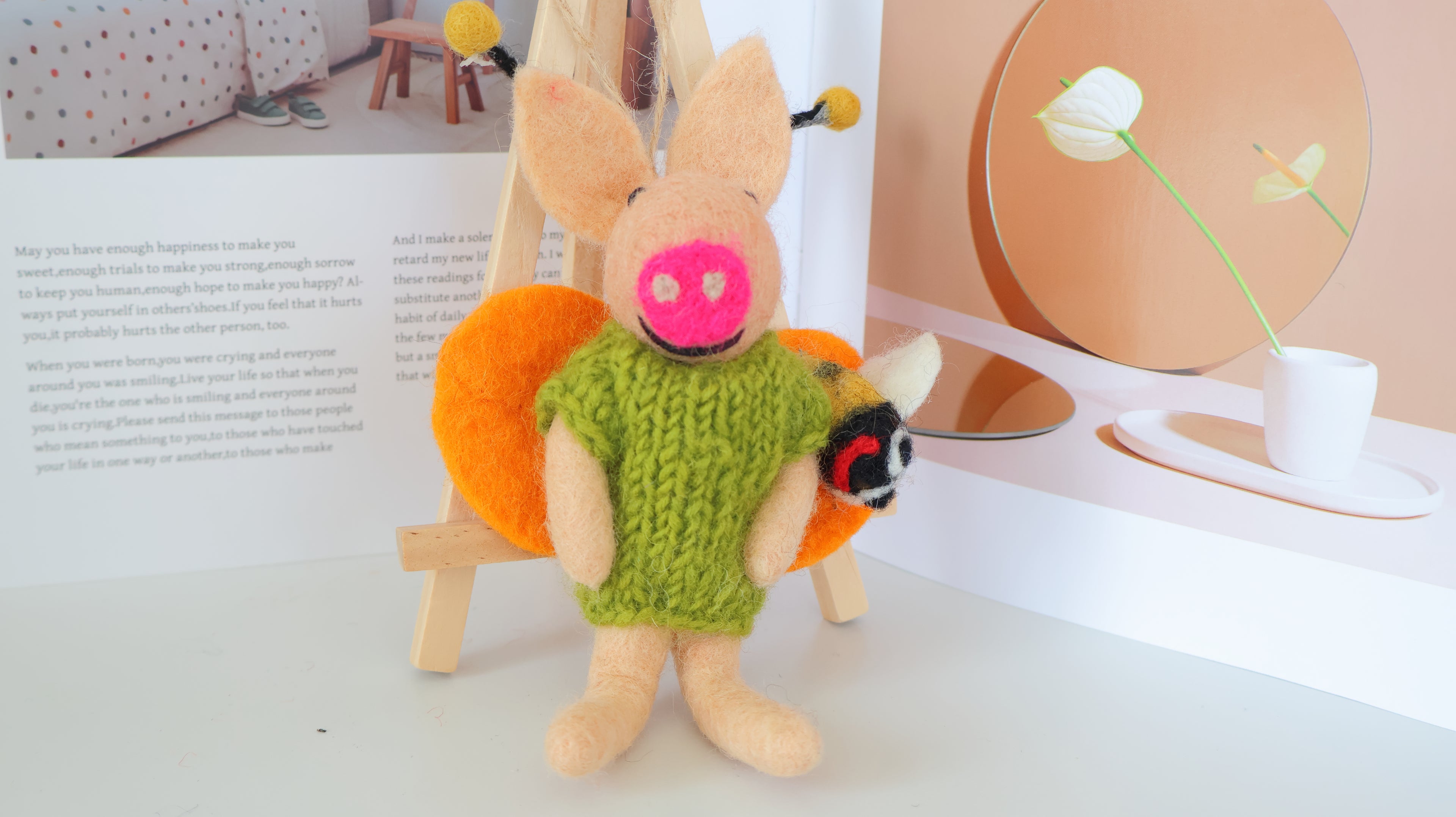 Wool Felt Fly Pig Ornament | Handmade Nepali Artisan Craft