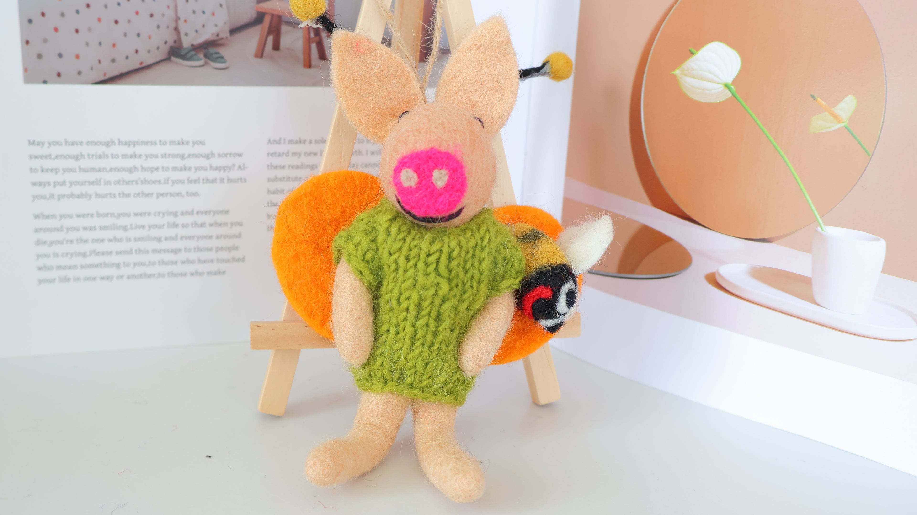 Wool Felt Fly Pig Ornament | Handmade Nepali Artisan Craft